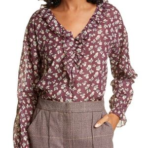 Rebecca Taylor Floral Ruffle Blouse in Burgundy and White